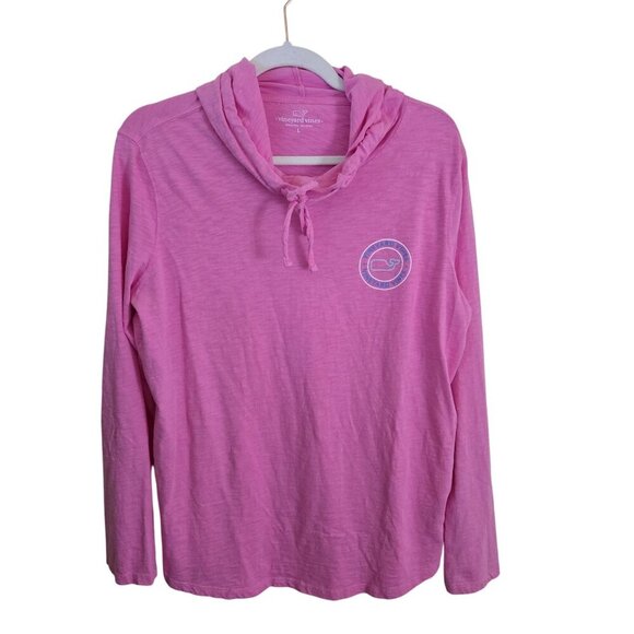 Vineyard Vines 2024 Pink Long Sleeve Cotton Rounded Hem Hooded Tee Shirt Size L - Picture 1 of 9